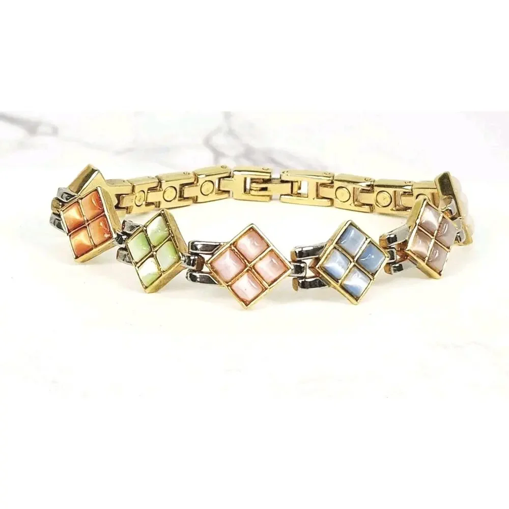 Vintage Retro Pastel Mosaic Cat's Eye Diamond Panel Link Bracelet 7.5